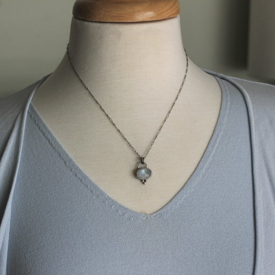 Tiny Sterling Silver and Moonstone Pendant Necklace