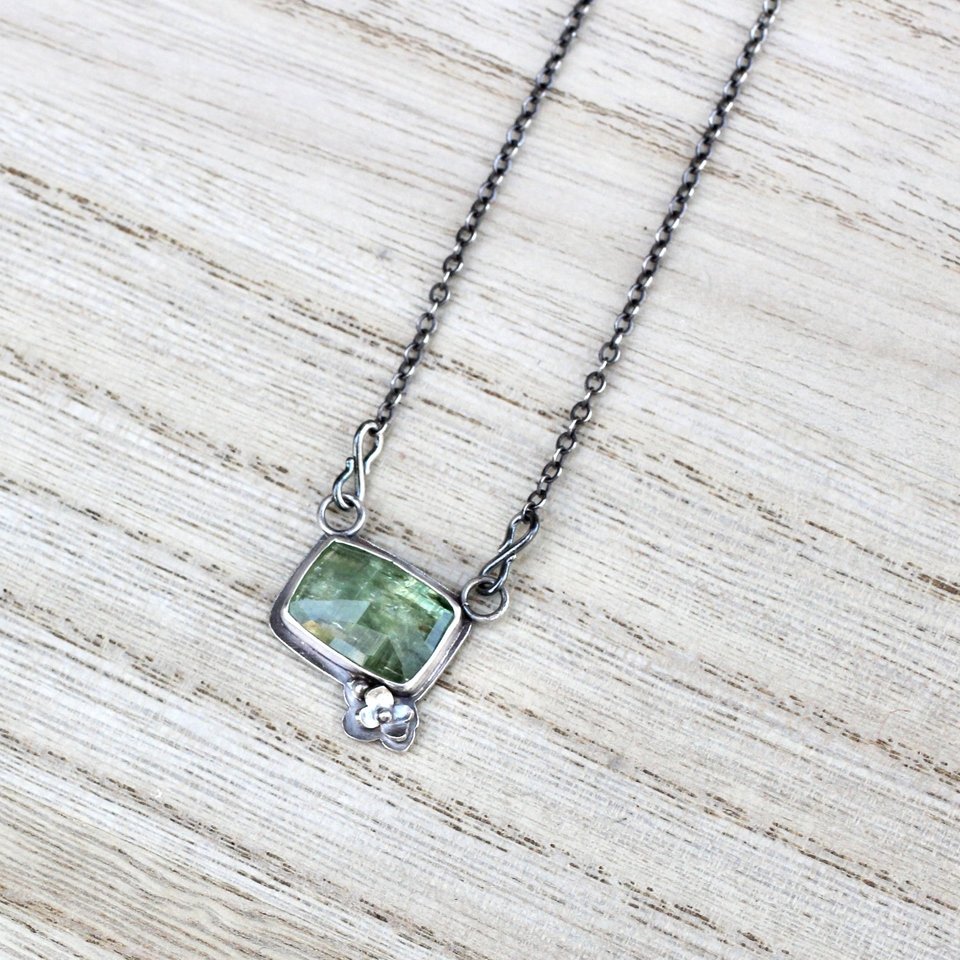 Green Kyanite and Flower Necklace in Sterling Silver