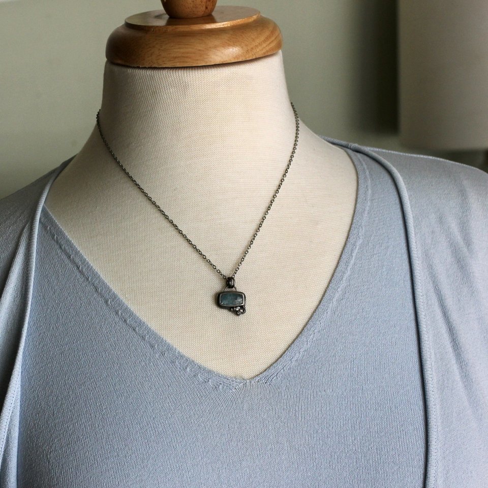 Tiny Blue Kyanite Pendant Necklace with Flower in Sterling Silver