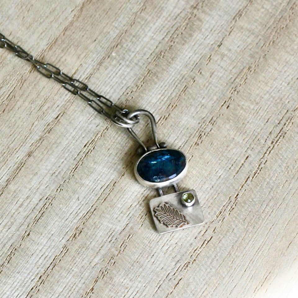 Blue Kyanite and Peridot Necklace with Leaf in Sterling Silver