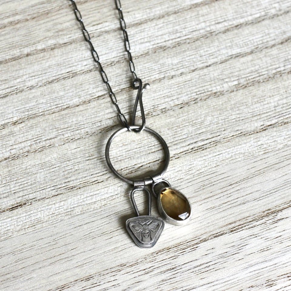 Citrine And Bee Necklace in Sterling Silver