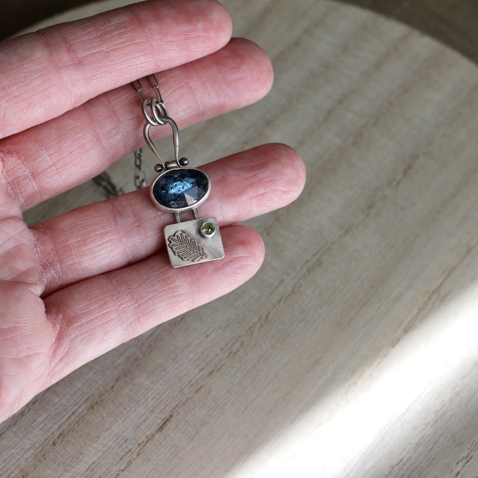 Blue Kyanite and Peridot Necklace with Leaf in Sterling Silver