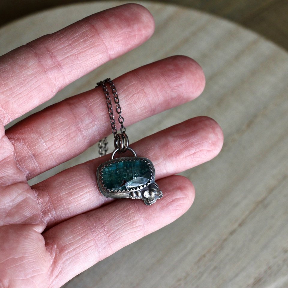 Blue Kyanite and Sterling Silver Necklace with Tiny Flower