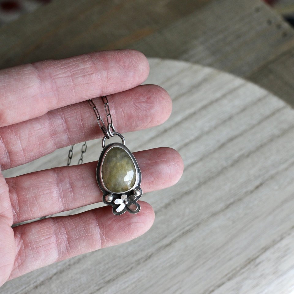 Yellow Sapphire and Sterling Silver Necklace with Flower