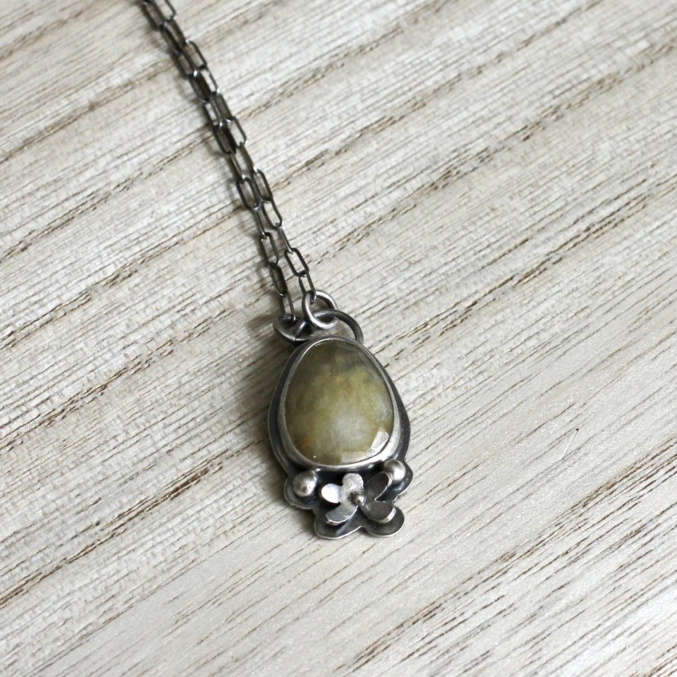 Yellow Sapphire and Sterling Silver Necklace with Flower