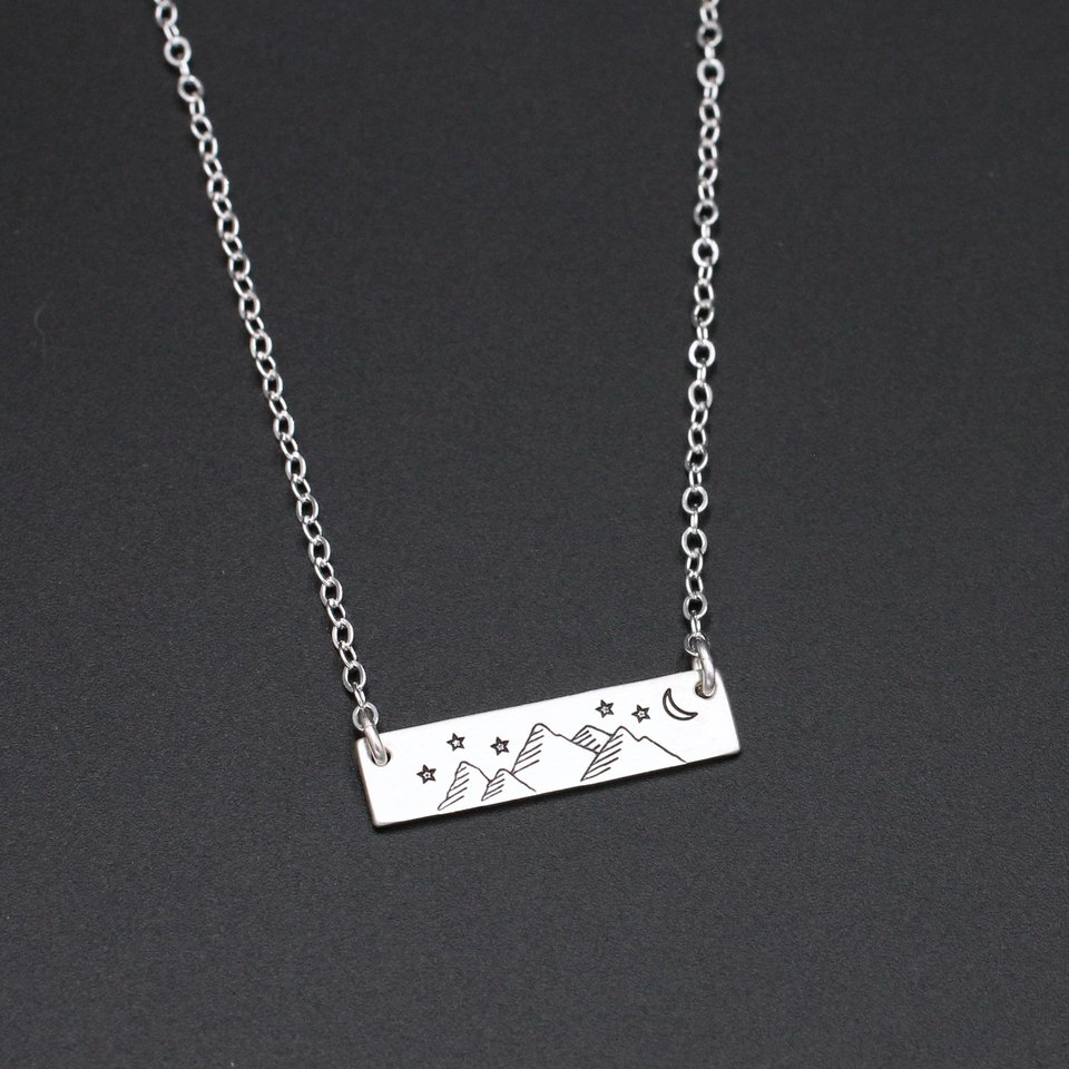 Mountains and Night Sky Bar Necklace in Sterling Silver