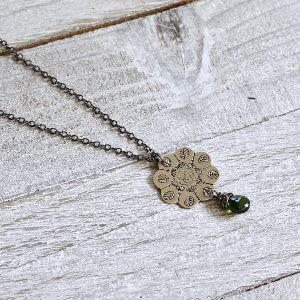 Stamped Flower Mandala Necklace in Sterling Silver with Chrome Diopside Gemstone