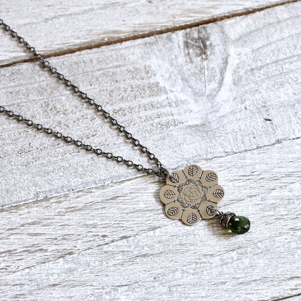 Stamped Flower Mandala Necklace in Sterling Silver with Chrome Diopside Gemstone