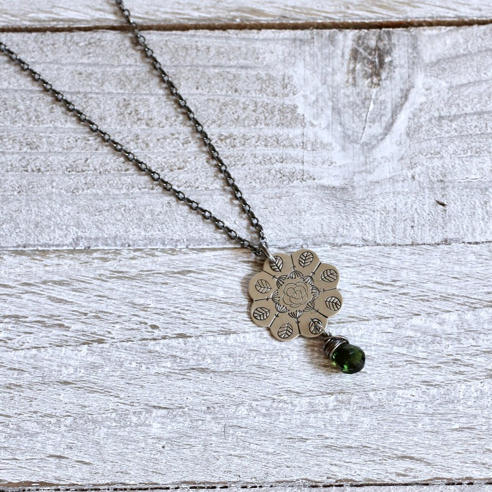 Stamped Flower Mandala Necklace in Sterling Silver with Chrome Diopside Gemstone