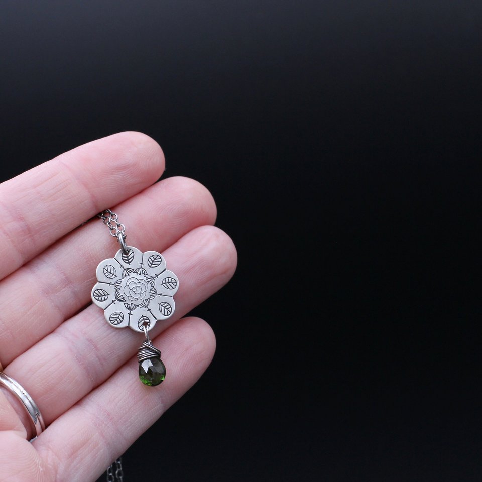 Stamped Flower Mandala Necklace in Sterling Silver with Chrome Diopside Gemstone