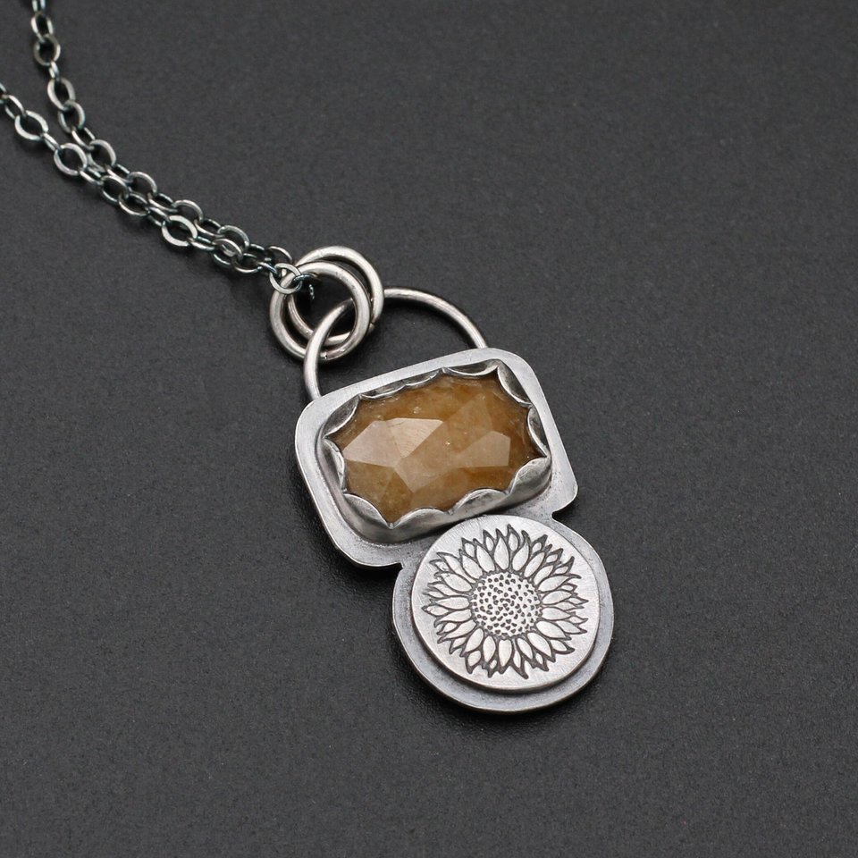 Sunflowers and Golden Yellow/Brown Sapphire Necklace in Sterling Silver