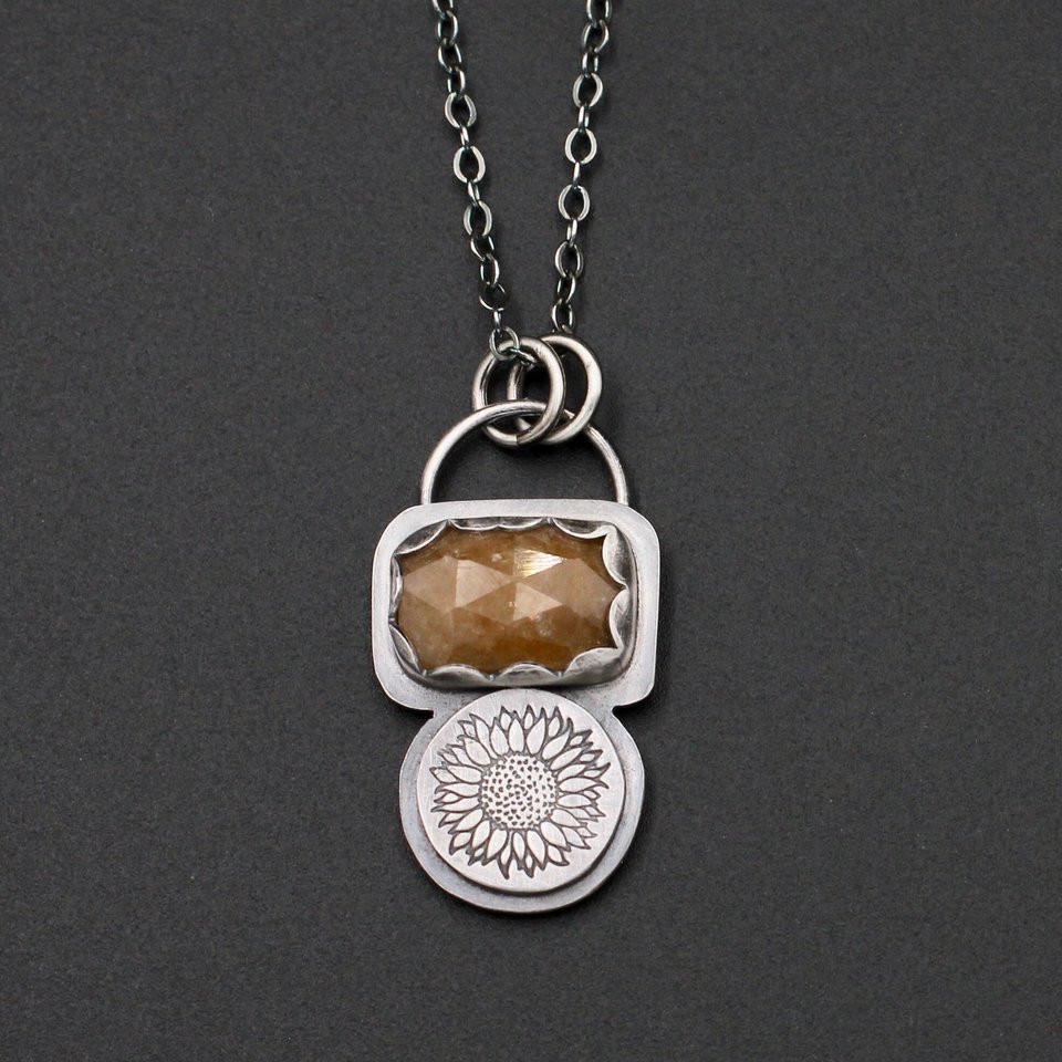 Sunflowers and Golden Yellow/Brown Sapphire Necklace in Sterling Silver