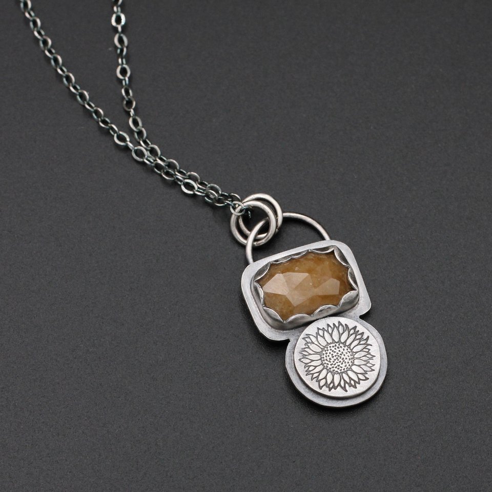 Sunflowers and Golden Yellow/Brown Sapphire Necklace in Sterling Silver