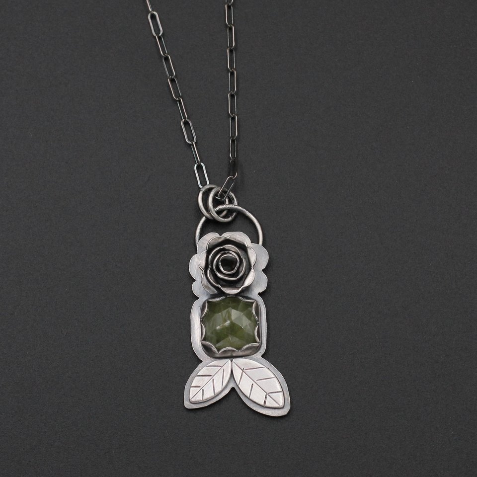 Green Sapphire Necklace with Sterling Silver Rose and Leaves