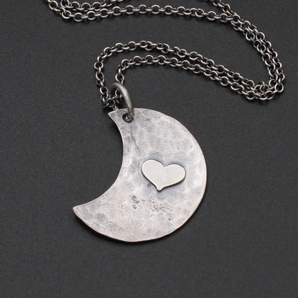 Hammered Moon with Heart Sterling Silver Necklace