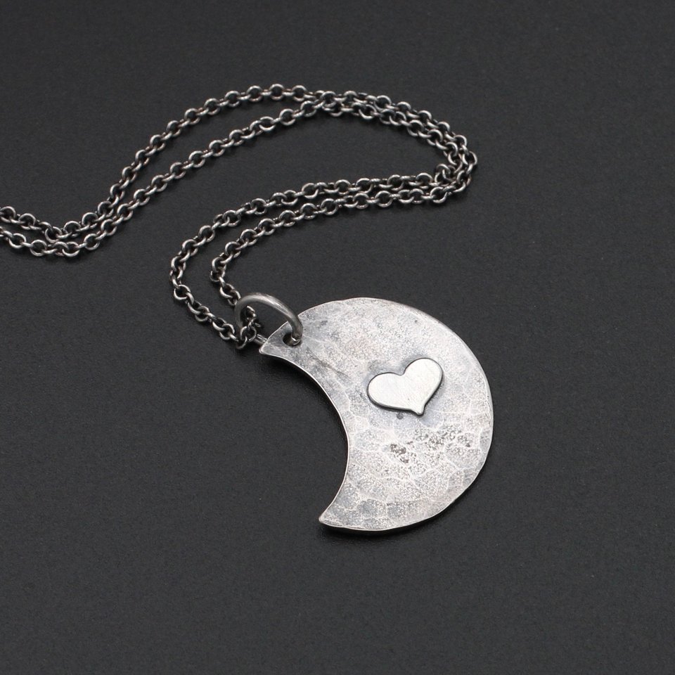 Hammered Moon with Heart Sterling Silver Necklace