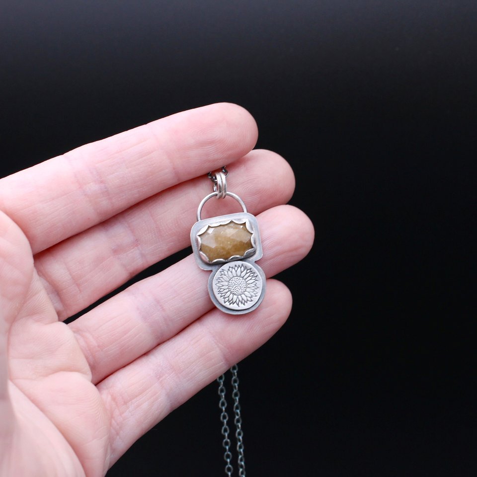 Sunflowers and Golden Yellow/Brown Sapphire Necklace in Sterling Silver