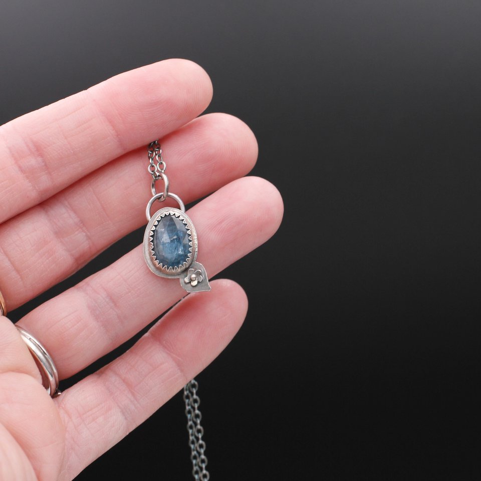 Faceted Kyanite and Sterling Silver Tiny Necklace with Flower