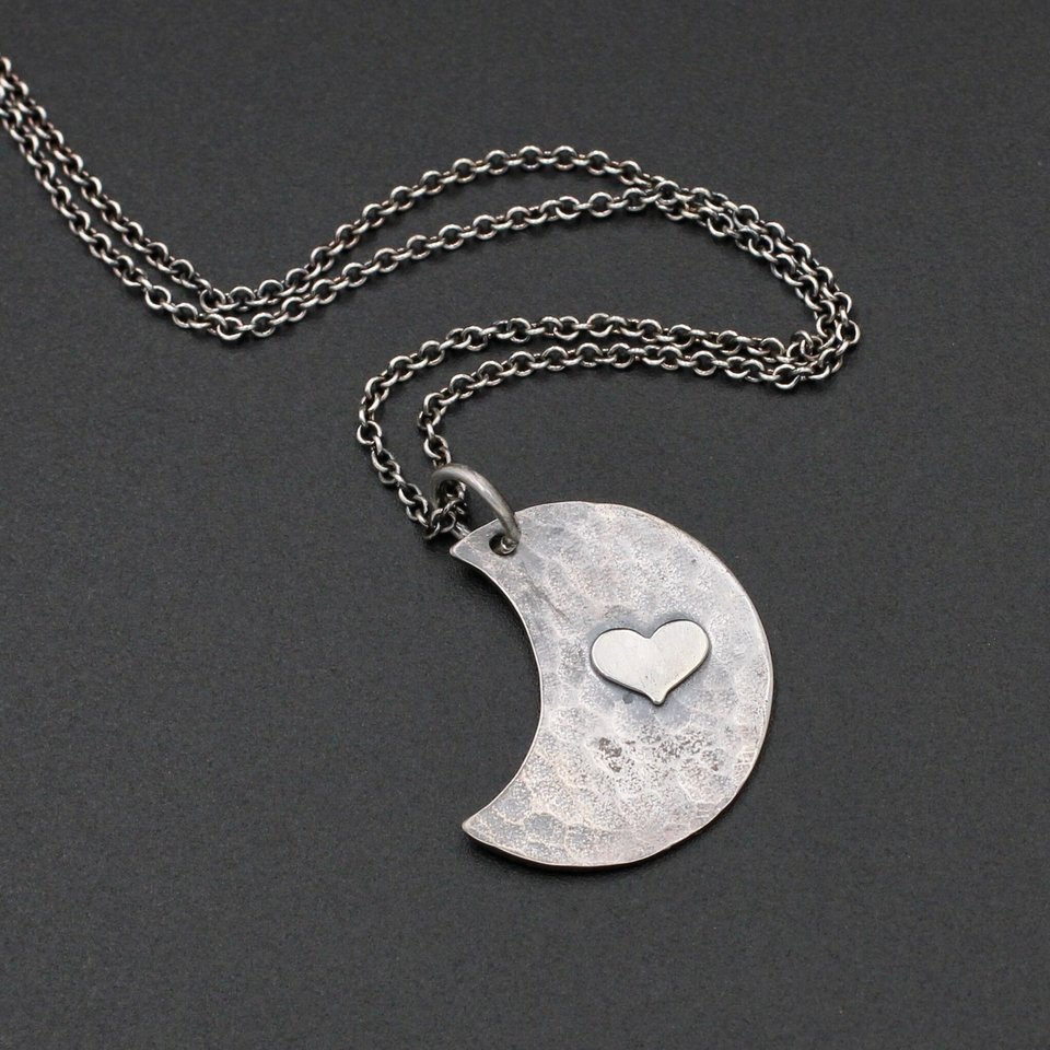 Hammered Moon with Heart Sterling Silver Necklace