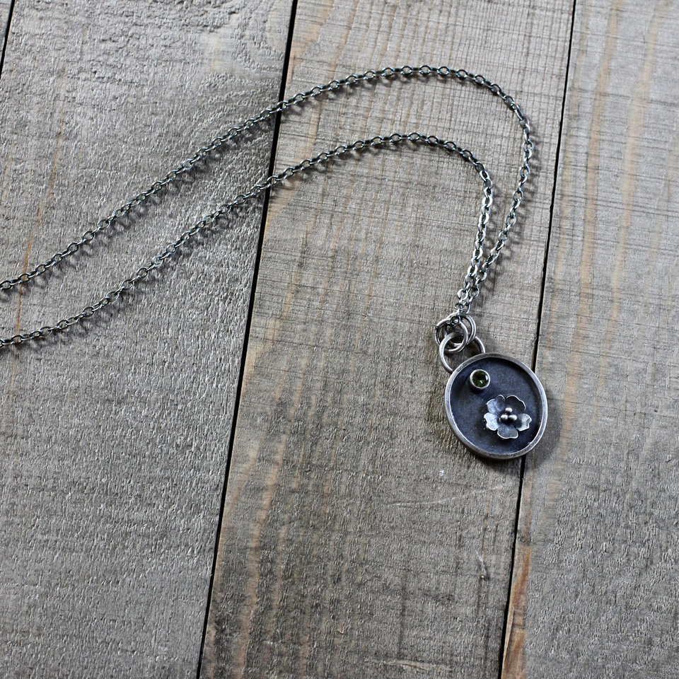 Sterling Silver Flower Necklace with Peridot Gemstone