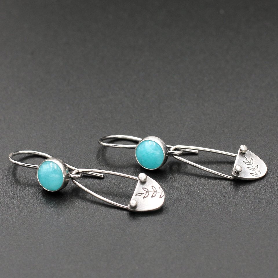 Amazonite and Sterling Silver Dangle Earrings with Leaves
