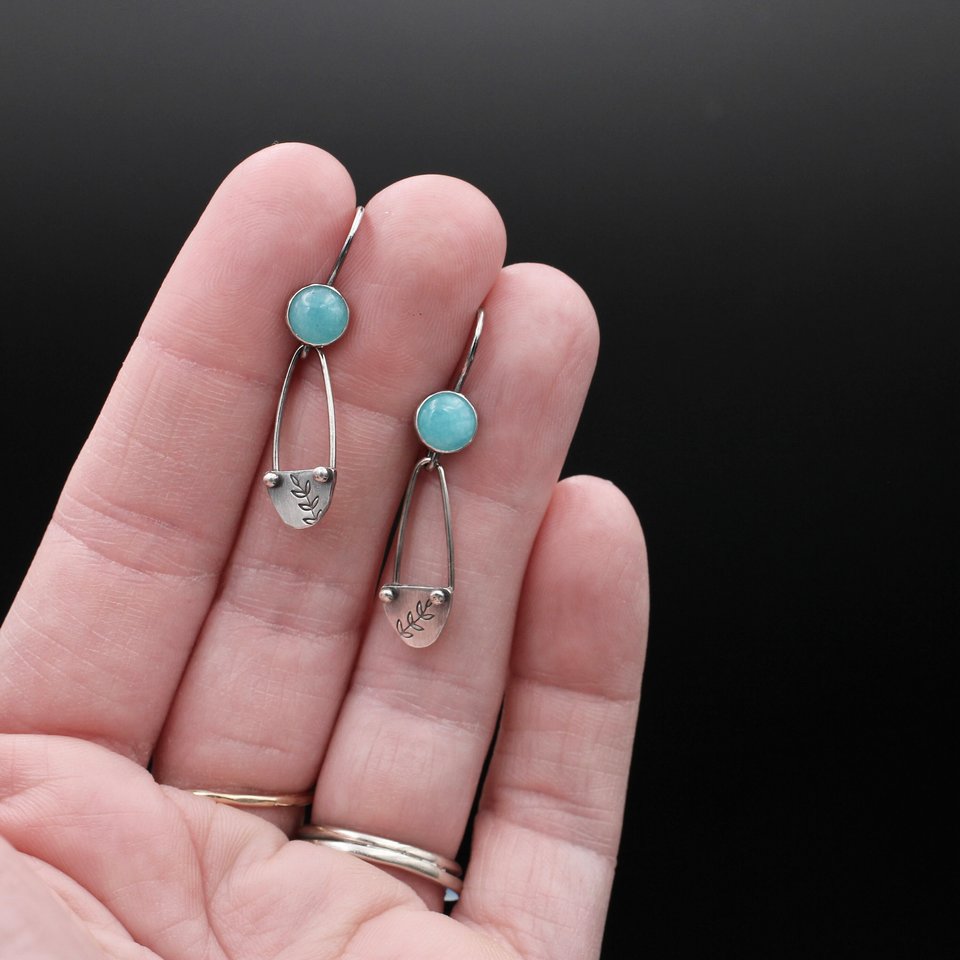 Amazonite and Sterling Silver Dangle Earrings with Leaves
