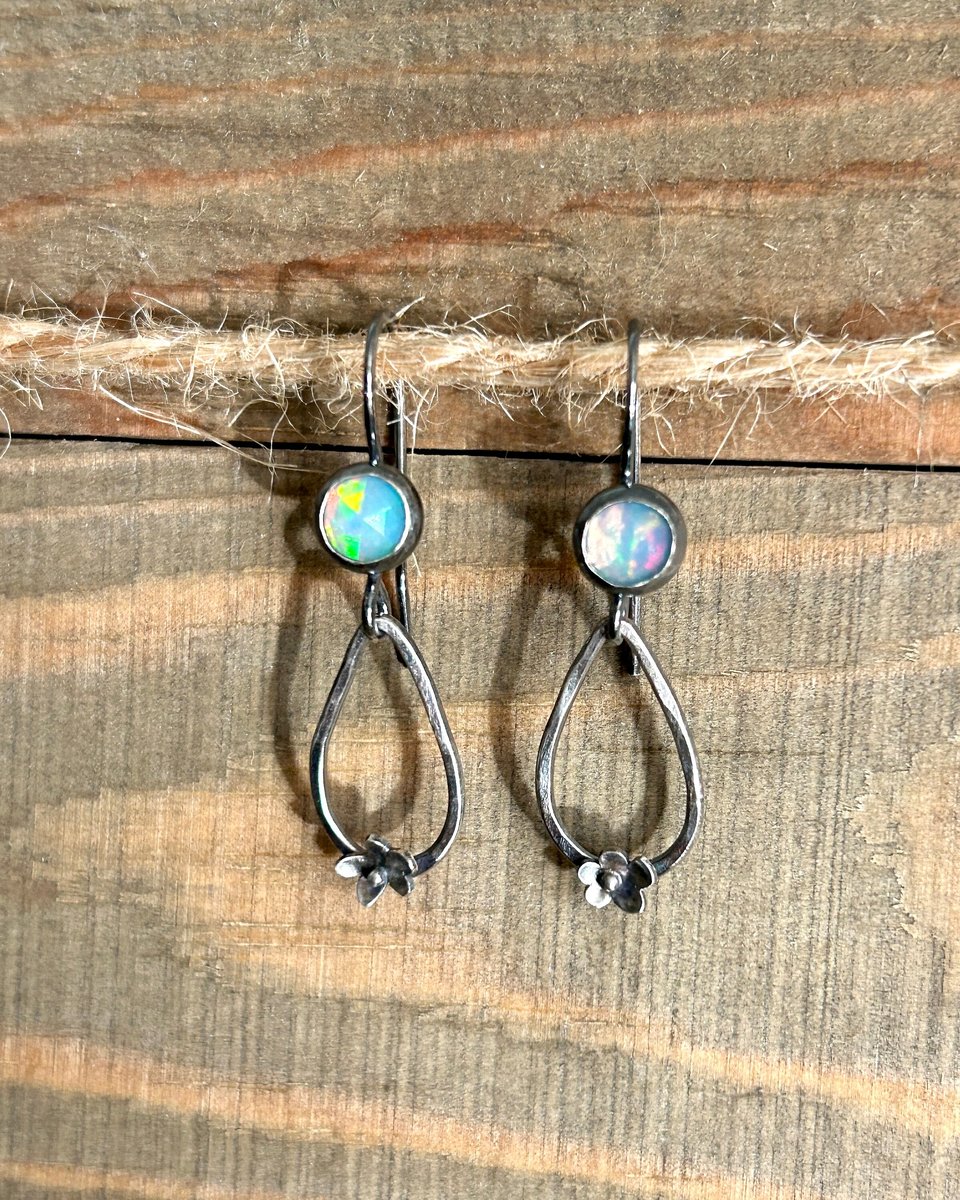 Opal and Tiny Flower Earrings in Sterling Silver