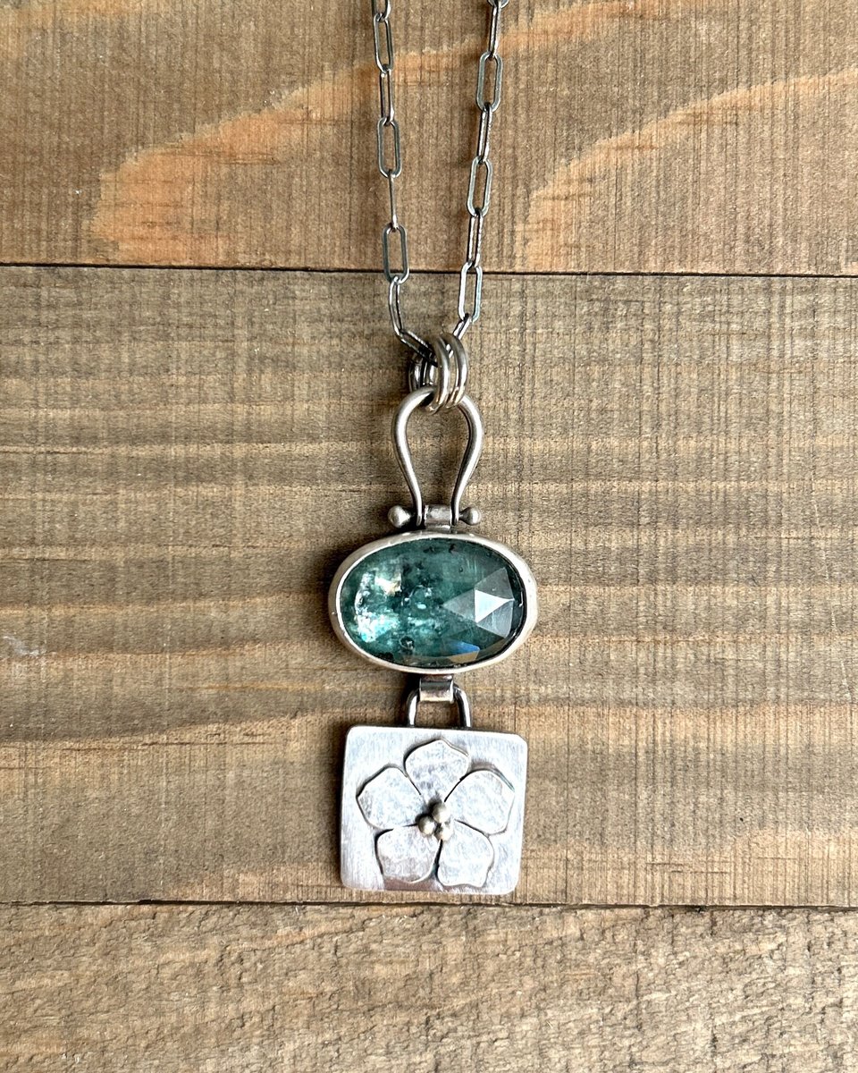 Green Kyanite and Oxidized Sterling Silver Necklace with Flower