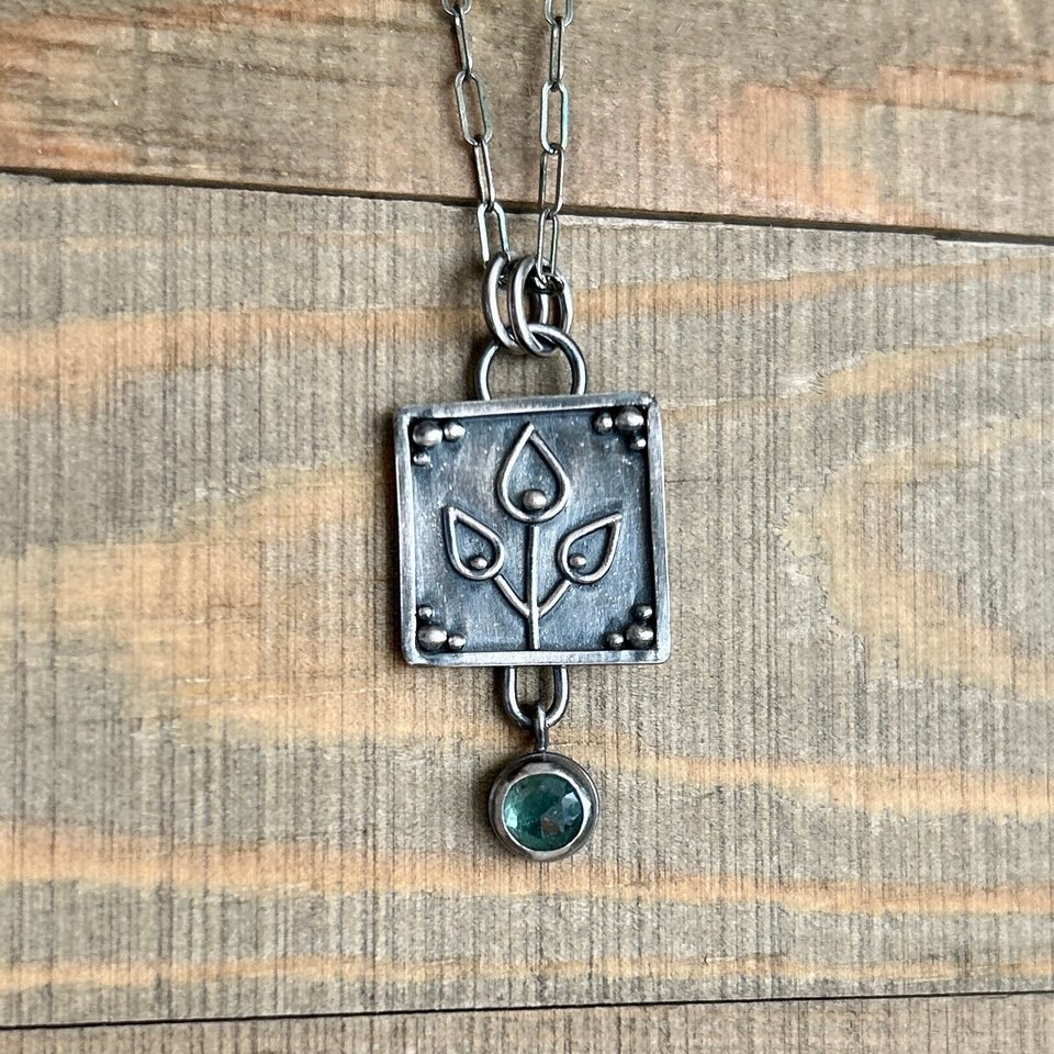 Green Kyanite and Oxidized Sterling Silver Leafy Necklace