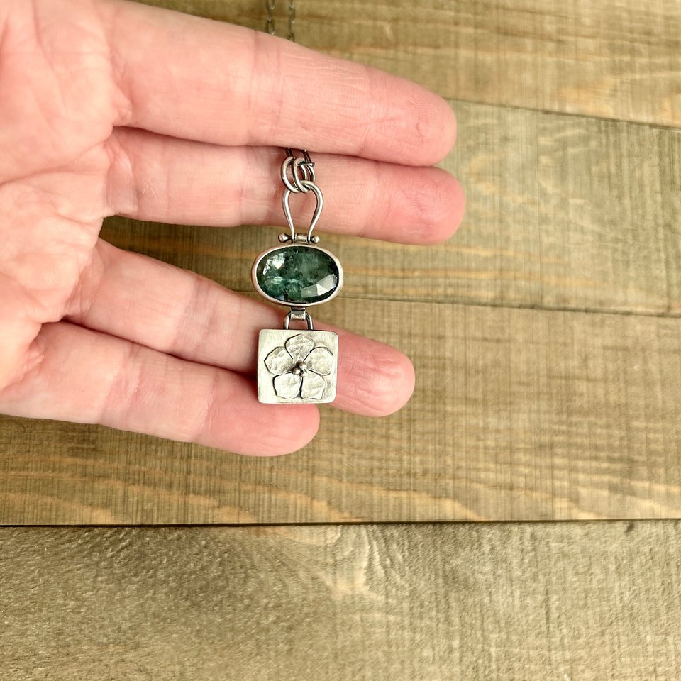 Green Kyanite and Oxidized Sterling Silver Necklace with Flower