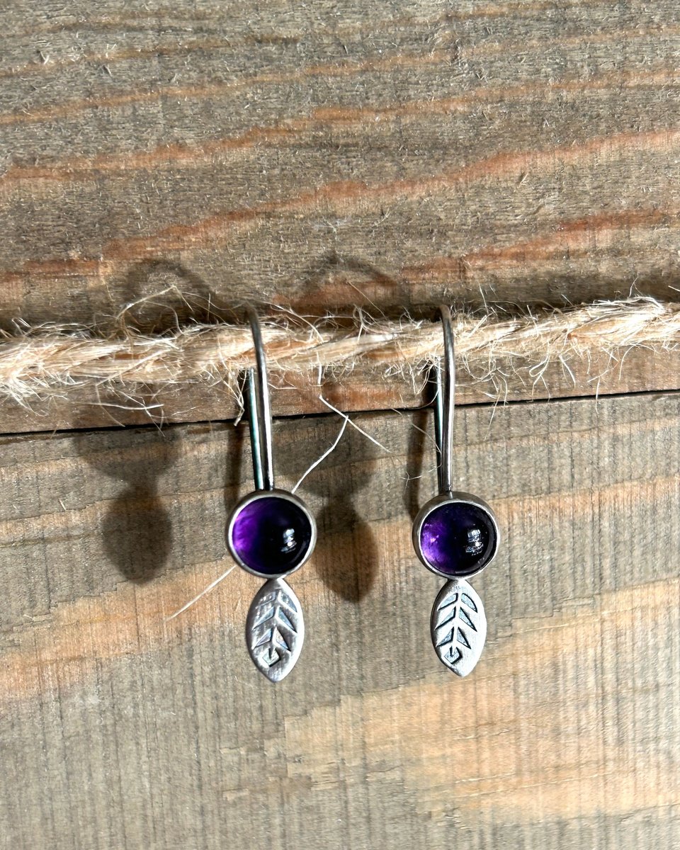 Amethyst and Oxidized Sterling Silver Dainty Earrings with Leaves