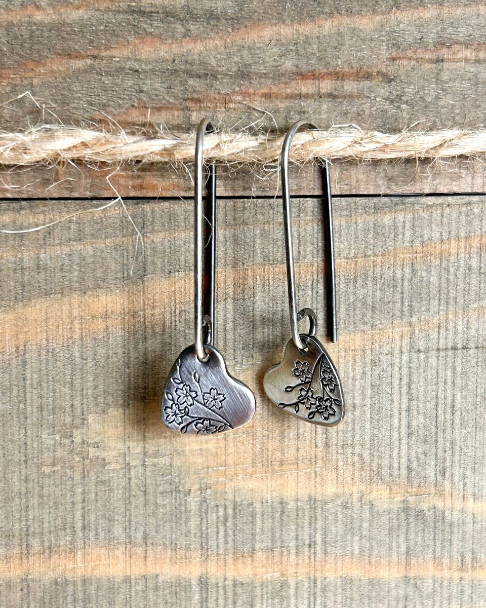 Sterling Silver Heart Earrings with Stamped Cherry Blossoms