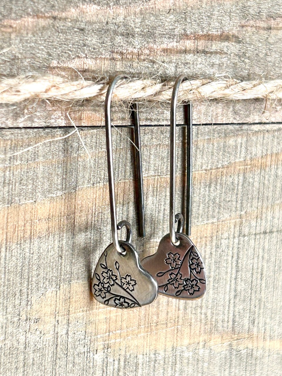 Sterling Silver Heart Earrings with Stamped Cherry Blossoms