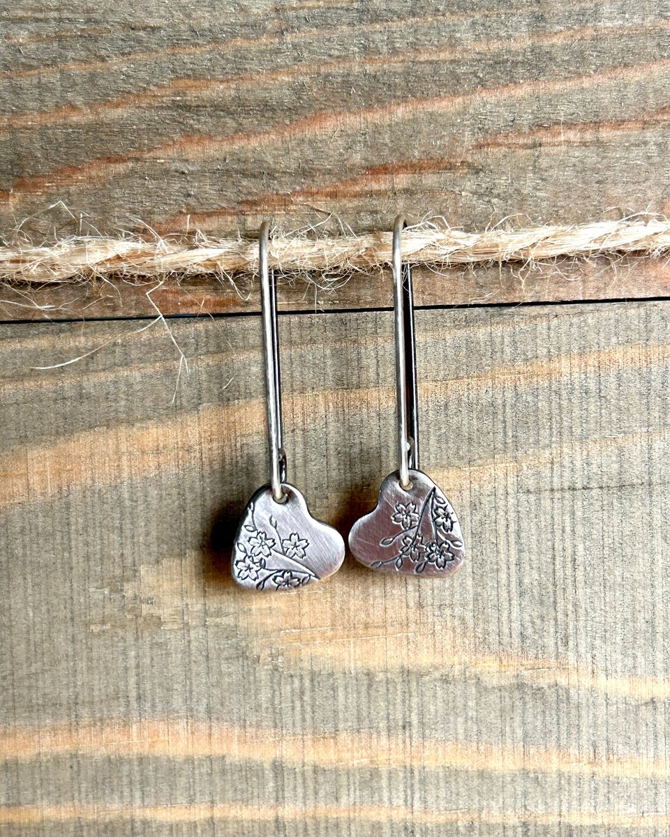 Sterling Silver Heart Earrings with Stamped Cherry Blossoms