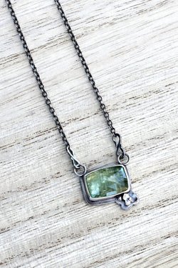 Green Kyanite and Flower Necklace in Sterling Silver