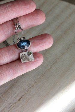 Blue Kyanite and Peridot Necklace with Leaf in Sterling Silver