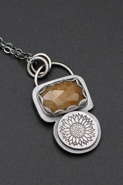Sunflowers and Golden Yellow/Brown Sapphire Necklace in Sterling Silver