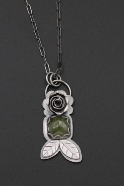 Green Sapphire Necklace with Sterling Silver Rose and Leaves
