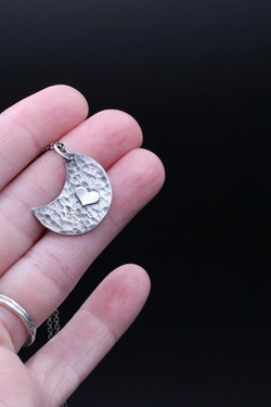 Hammered Moon with Heart Sterling Silver Necklace