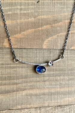 Blue Kyanite and Flower Sterling Silver Bar Necklace