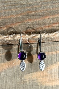 Amethyst and Oxidized Sterling Silver Dainty Earrings with Leaves