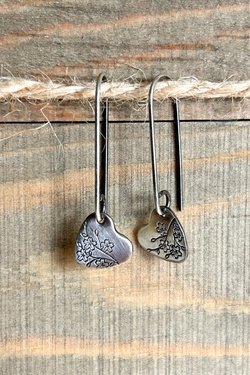 Sterling Silver Heart Earrings with Stamped Cherry Blossoms
